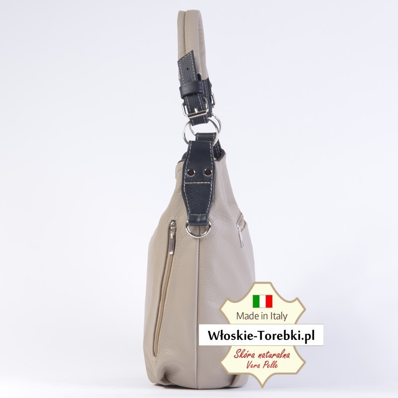Skórzana torebka w kolorze Cappuccino z czarnymi elementami - model Allegra