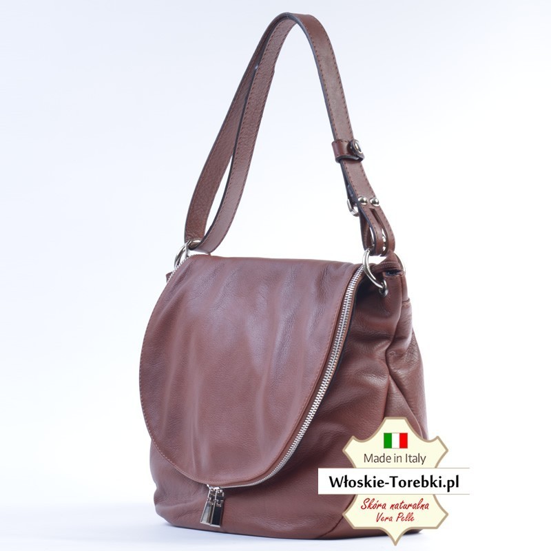 Violetta - brązowa, pojemna, funkcjonalna torba z klapą na ramię