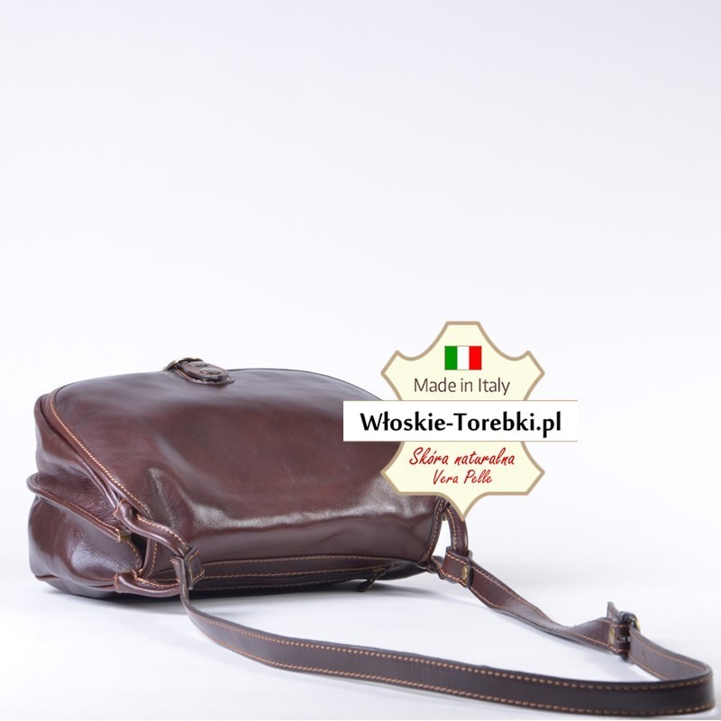 Włoska brązowa skórzana pojemna torba do przewieszenia z klapą