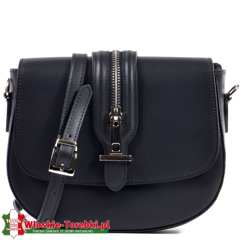 Czarna torebka z ozdobioną suwakiem klapą - model TONIA
