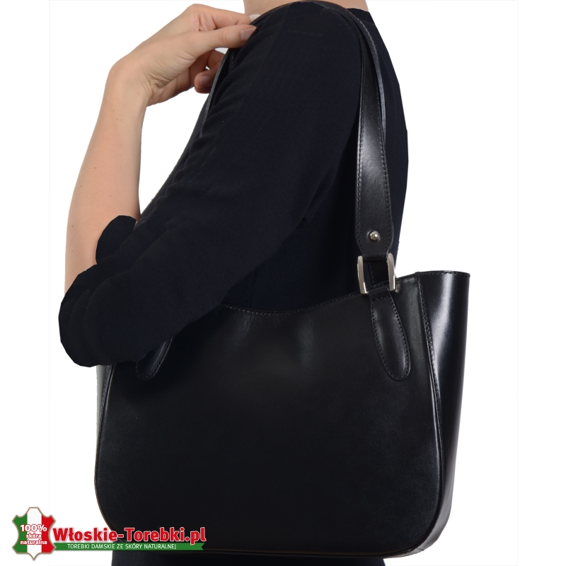 Stylowa włoska torebka damska ze skóry na ramię - kolor czarny