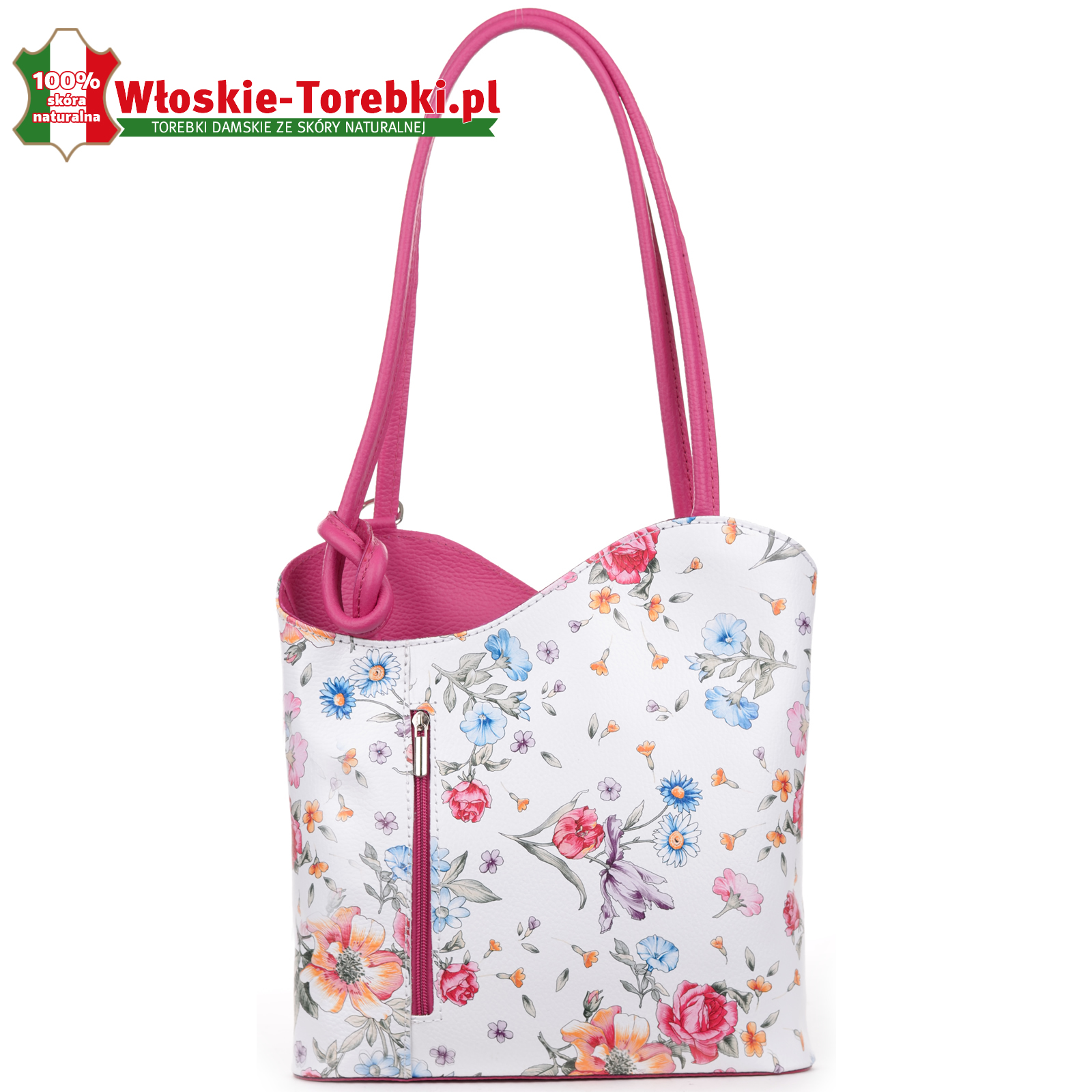 Biało - różowa torebka w kwiaty torboplecak Velia
